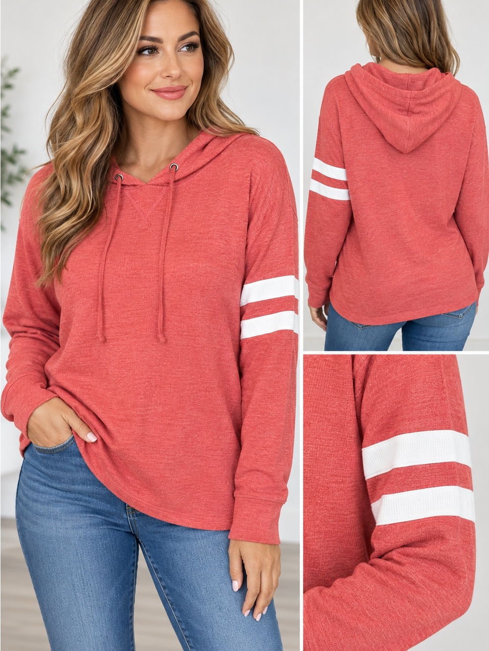 SO Coral Hoodie with White Double Sleeve Stripes